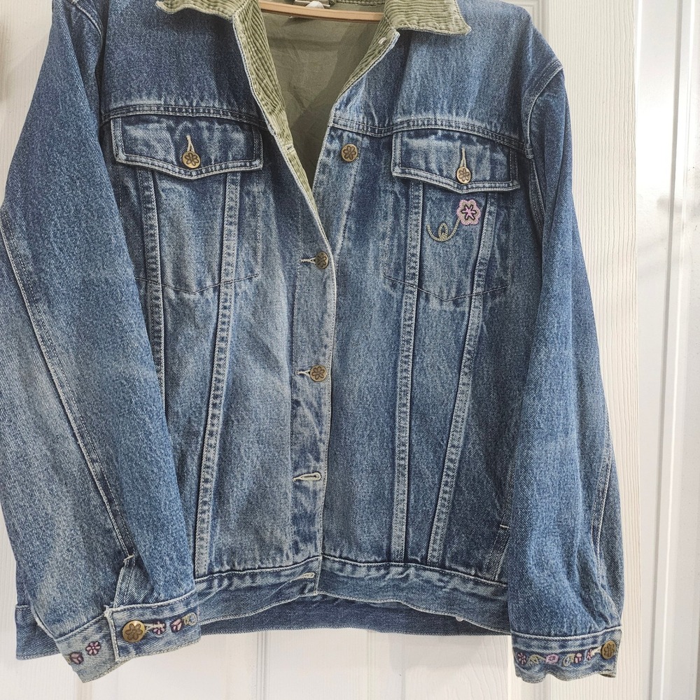 Vintage Disney Winnie Embroidered Denim Jacket Corduroy Collar Lined Women XL